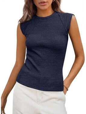 Women's Navy Polyester Blend Cap Sleeve Slim Fitted Basic Casual Tank Top